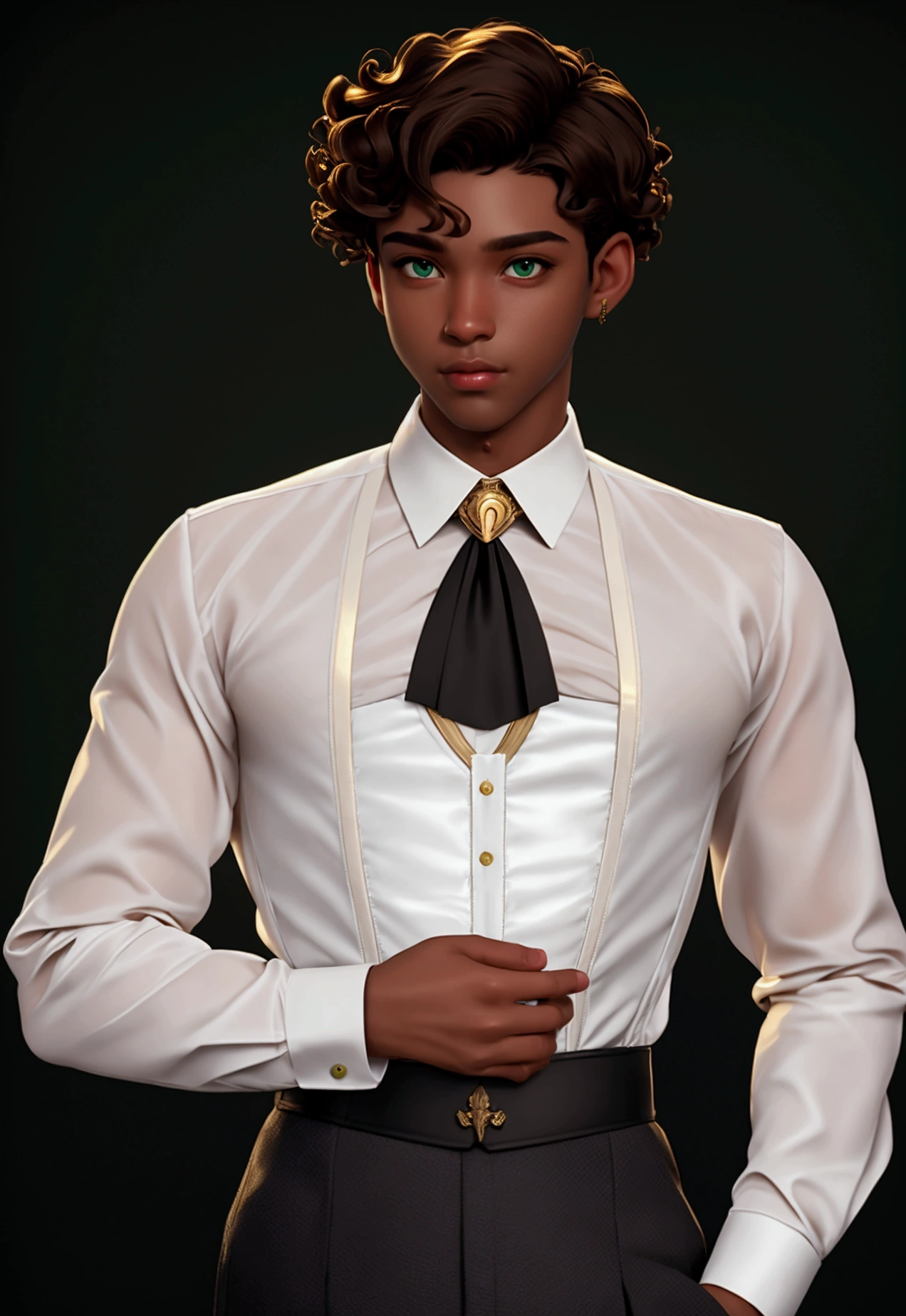 masterpiece, best quality, 1 boy, green eyes, dark skin, brown hair, short hair, curly hair, gold earrings, white dress shirt, long sleeve, black corset, simple background, solo, upper body