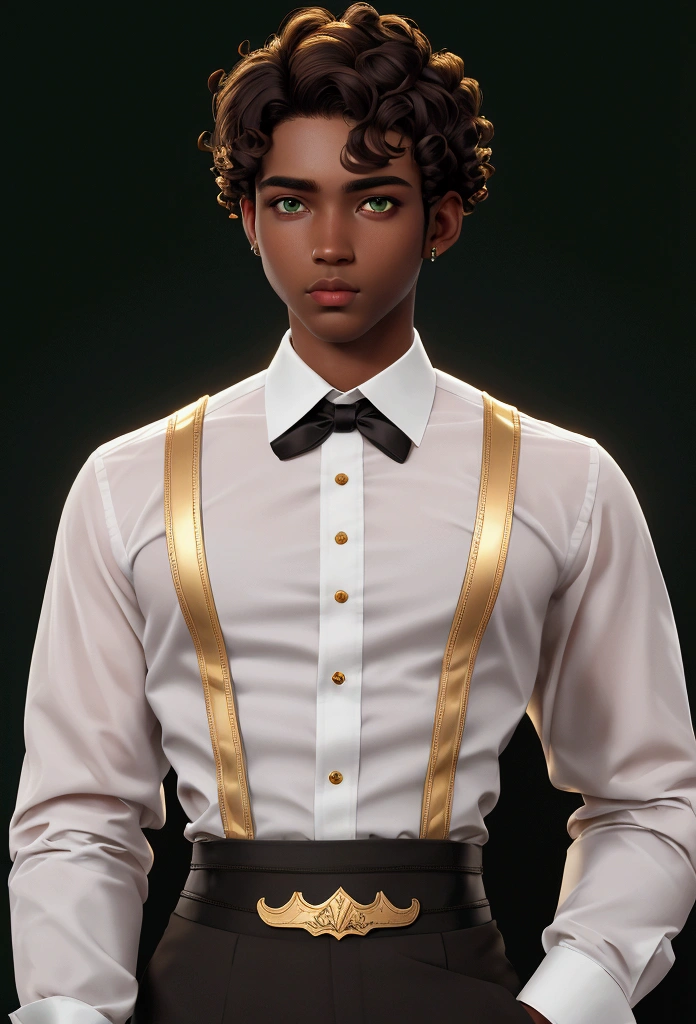 masterpiece, best quality, 1 boy, green eyes, dark skin, brown hair, short hair, curly hair, gold earrings, white dress shirt, long sleeve, black corset, simple background, solo, upper body