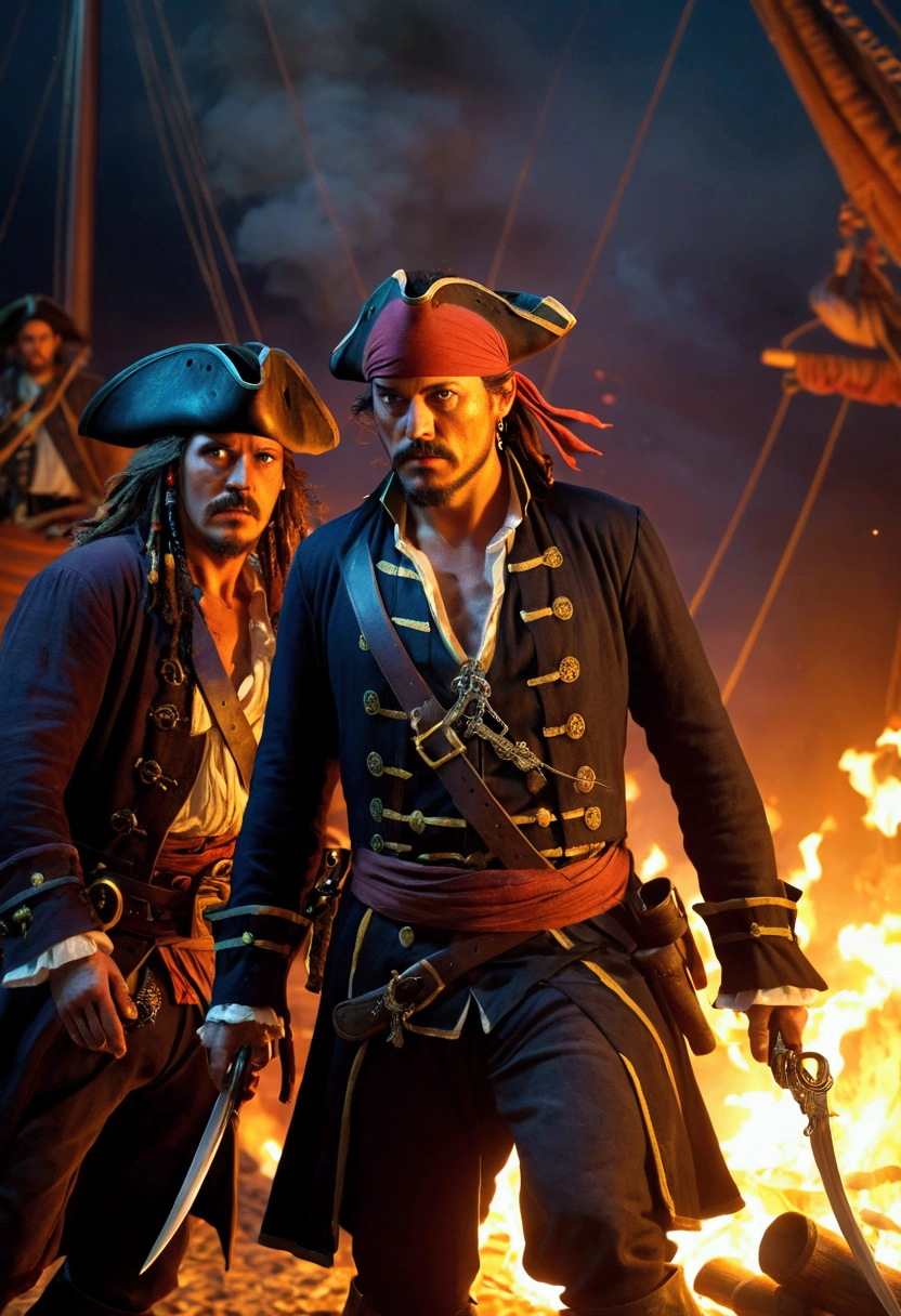 Pirate War, robbery, fire, by Boris Groh, cinematic still, chiaroscuro, dynamic, (best quality, masterpiece, photorealistic), very aesthetic, perfect composition, intricate details, ultra-detailed, vivid colors