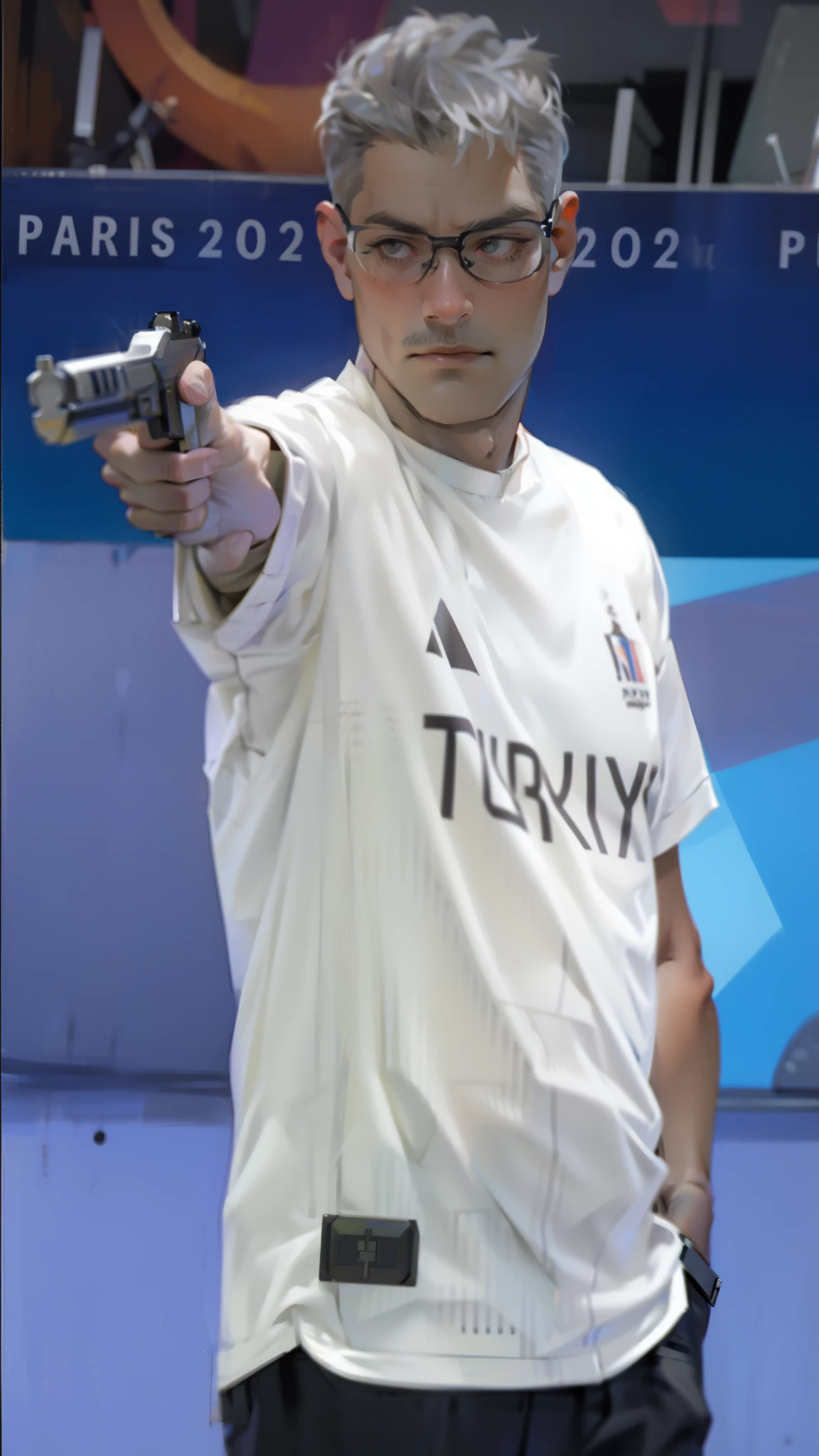 a highly detailed illustration of yusuf dikec, an olympic pistol shooter competing in the 2024 paris summer olympics, wearing a white shirt, holding a small pistol and pointing it towards the camera, standing with a serious expression, short grey hair, glasses, slim body, intricate details, hyperrealistic, octane render, cinematic lighting, dramatic angle, cinematic composition, rich colors, photorealistic, masterpiece