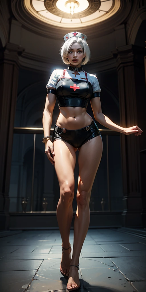 female full body standing straight view from below white hair, short hair, pinched eyes, thin legs, thin body, leather collar, nurse uniform, wide hips, feet together, bracers, tiara, slave crest under navel, navel