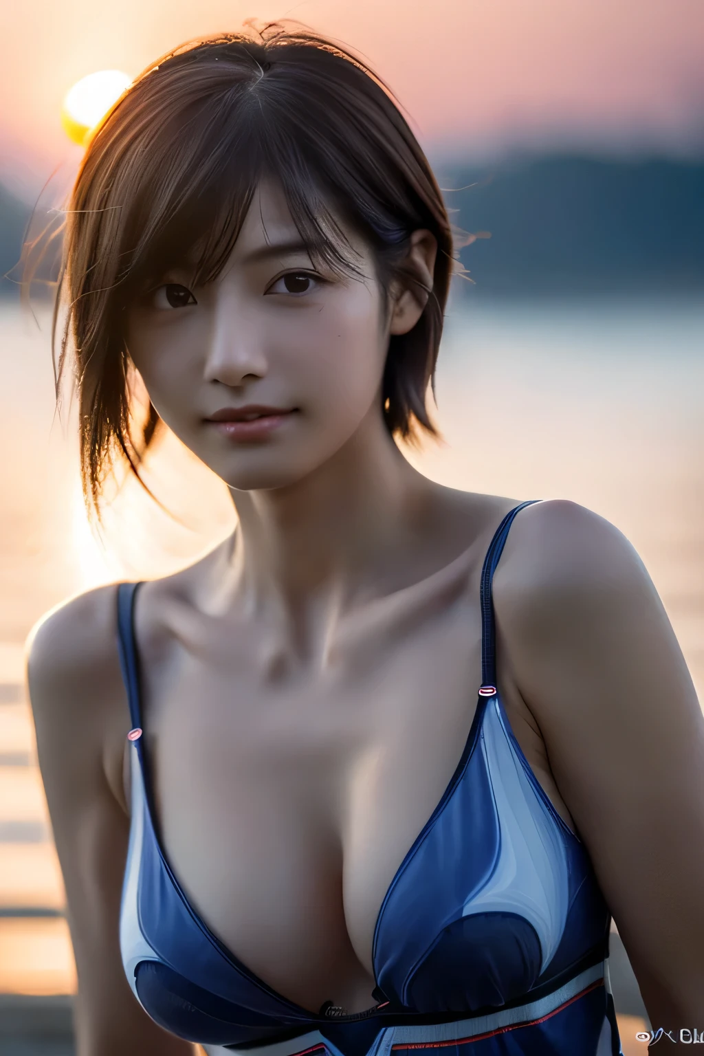 (Hyper Reality: 1.35), (Realistic: 1.4), A beautiful Japanese woman, smile, alone. (((No makeup))), masterpiece, 最high quality, high quality, alone, Very good, puberty, Only one girl, Well-trained slim body, muscular, slim body, breasts apart, ((large breast:1.4)),(((cleavage:1.4))), (最high quality)),((Very delicate and beautiful)),((Very shallow depth of field)), ((Incredibly shallow depth of field)). family friendly, ((Very delicate and beautiful)), (((Very shallow depth of field))), (((Unbelievably absurd))), dark brown hair, blowing boyish bob hair, shag messy hair, wolf cut, big hair, windで揺れる髪, Slim body type, ((( Camera Eye)))), (((small ))), Looks like a salon model, Cool face, Neutral facial features,(ecstasy:1.3) ,(slut:1.2),(vulgarity:1.3),(fucked silly:1.1),(steam:1.1),(Wet:0.8),(trembling:0.8),(tears:0.7) ,(drooling:0.6),(sweat:0.8),open mouth, poor, Dynamic Angle, Focus on women, {Particles of light}, Detailed Background, Soft lighting, (dramatic), sunset, very beautiful sunset, Live Action, Realistic, (blurred background), (((11 years old))), (((wind))), ((Movement)), ((emotion)), ((colorful)), ((Baby Face)), Wither, sea background, (((Cowboy Shot))),(((nsfw))), Handsome Tomboy, Bikini,
