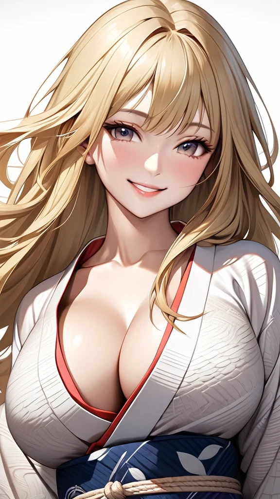 Gal、Blonde、Ultra-realism、Textured skin, Long Hair, Large Breasts、Wearing a kimono、smiling, front、Anime style illustrations、