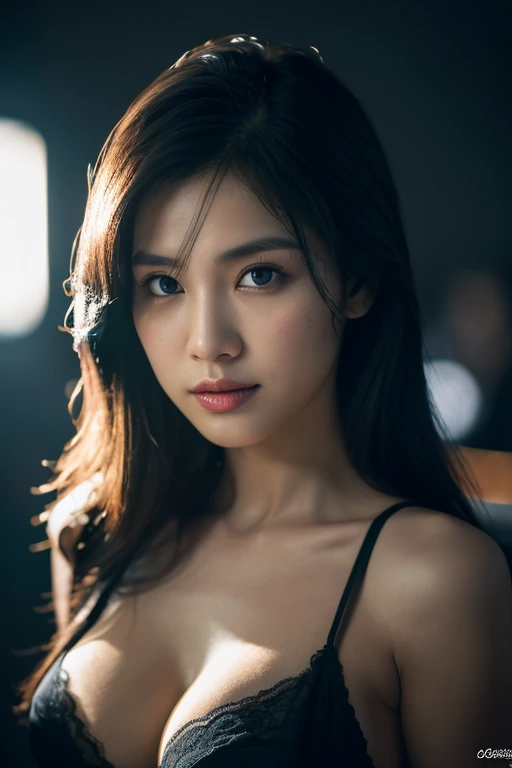 highest quality, epic realistic, ((in the pitch black darkness :1.4)), ((portrait:1.5)),(background: dark ) high contrast ,glorious picture, lowest lux, bright face, she's comfortable, ( ample cleavage ), looks incredible, (8k, Raw photo, Highest quality),(epic realistic:1.5), an Indonesian woman, face,(detailed eyes:0.8),(looking at the camera:1.4), (Highest quality), ( high contrast, deep shadows),Intricate details,cinematic,((teasing pose, playboy model)), (long dark hair:1.3), messy ,(Hdr:1.5),Detailed, colors, Superior quality, Masterpiece, Raw Photo (20-year-old, looking at viewer), beautiful, (wearing strapless bra), perfect, natural, perfect composition, portrait, perfect face, soft smile, Captivating eyes, Bright details, Tight lips, (High Skin Detail),, (blue tint: 0.6), (sale: 0.8), (bloody: 0.7), Key lighting , (backlight: 0.5), Medium depth of field, Canon 5d, 50mm lens, f/4 apertures, (Ultra-detailed, Complex detail), sharp focus, soft colors, 8k, Absurd, 80mm, bokeh background, photography, neon lights background, flare