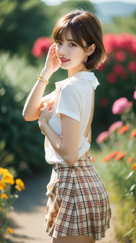 nsfw, 8K raw photo, nsfw, 8K raw photo, Best quality, masterpiece, ultra high res, film grain, filmg,1boy, looking at viewer, natural skin texture, realistic eye and face details, full lips, lipstick, (makeup), red eyeshadow, fluffy short hair, messy hair, smile, close mouth, beautiful legs, tall female, skinny, slim_legs, solo, enormous breast, cleavage, Pose with buttocks facing you, ultra short skirt, ass, shirt, beautiful nature location, around flower location, (detailed background), plaid skirt, white shirt, enormous breast, cleavage, Show a little cleavage through the shirt, loafers, blurry background, blurry, holding, plaid, short sleeves, jk ribbon on the neck, jk ribbon, brown hair, bracelet, water, bangs, , jewelry, parted lips, lips, from side, pleated skirt, depth of field quality, masterpiece, ultra high res, film grain, filmg, 1girl, looking at viewer, natural skin texture, realistic eye and face details, full lips, lipstick, (makeup), red eyeshadow, fluffy short hair, messy hair, smile, close mouth, beautiful legs, tall female, skinny, slim_legs, solo, enormous breast, cleavage, Pose with buttocks facing you, ultra short skirt, ass, shirt, beautiful nature location, around flower location, (detailed background), plaid skirt, white shirt, enormous breast, cleavage, Show a little cleavage through the shirt, loafers, blurry background, blurry, holding, plaid, short sleeves, jk ribbon on the neck, jk ribbon, brown hair, bracelet, water, bangs, , jewelry, parted lips, lips, from side, pleated skirt, depth of field