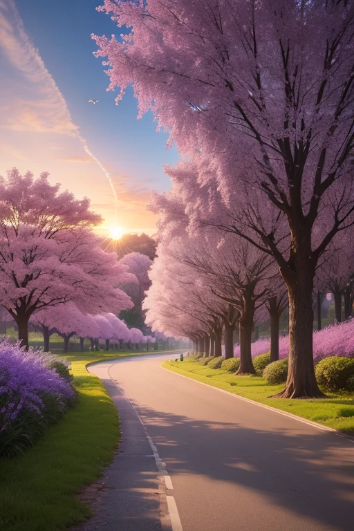 (Best Quality,8k,High resolution,masterpiece:1.2),ultra detailed,Sunset,the avenue lined with jacaranda in bloom purple, household, The beautiful yellow rapeseed flowers on the shore., The current, the breeze, The birds fly,