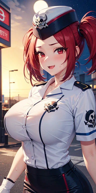 1 Female,High definition,high resolution,Ultra-realistic,8K, 8K, 1girl, solo, red hair, red eyes, twintails, employee uniform, pencil skirt, skull print, navy cap, fang, black legwear, white gloves,European,sexy,Upper body close-up,Photographed from the front,Dynamic Angles,(blush), big tits , happy, wink the eye,facial, sweat, outdoors, moonlight, night , windy,bus station background