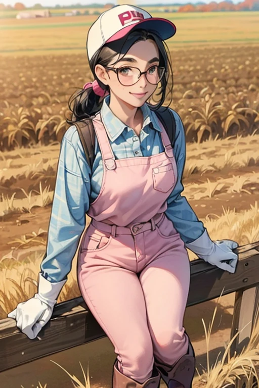 A freckled, glasses-wearing mature woman with black hair tied up, wearing a white long-sleeved flannel shirt, blue jeans, a baseball cap, and large pink rubber gloves and white rubber boots, working in the fields in autumn while smiling Thick eyebrows