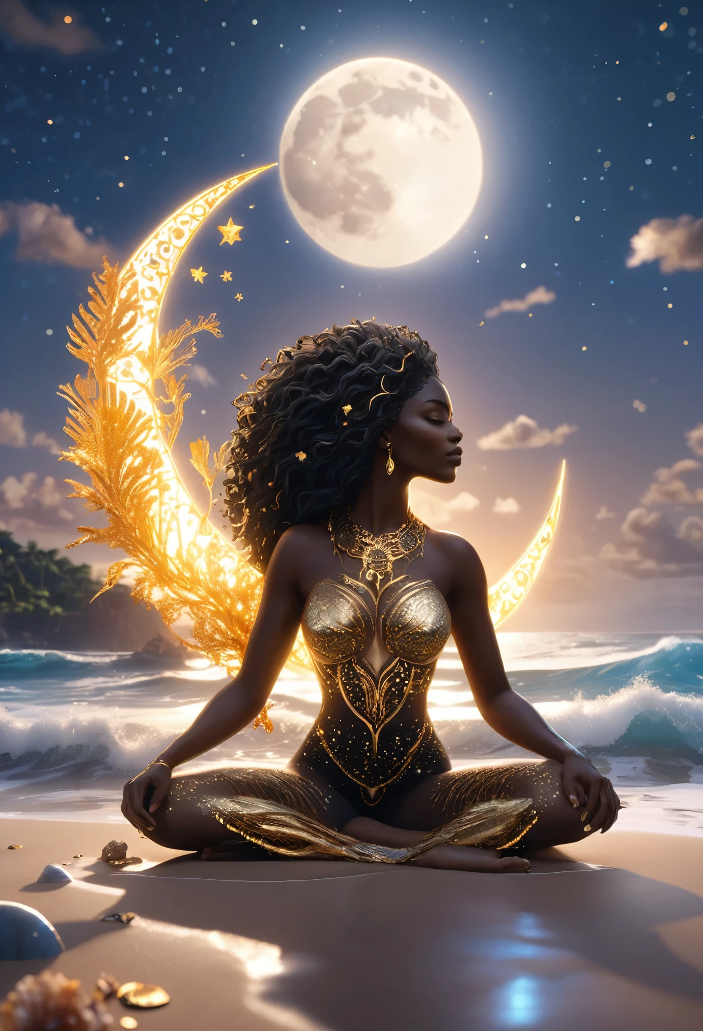 Line illustrations in shape of a black woman holding the moon with gold dots designing the glowing hair, flowing long hair made of twinkling stars, she's sitting at the ocean shore surrounded by glittering seashells and coral reefs, sunrise in the background colliding with the ocean wave, crafted using cutting-edge 3D modeling, Octane rendering, V-Ray, and Unreal Engine, evoking an otherworldly, cinematic atmosphere.