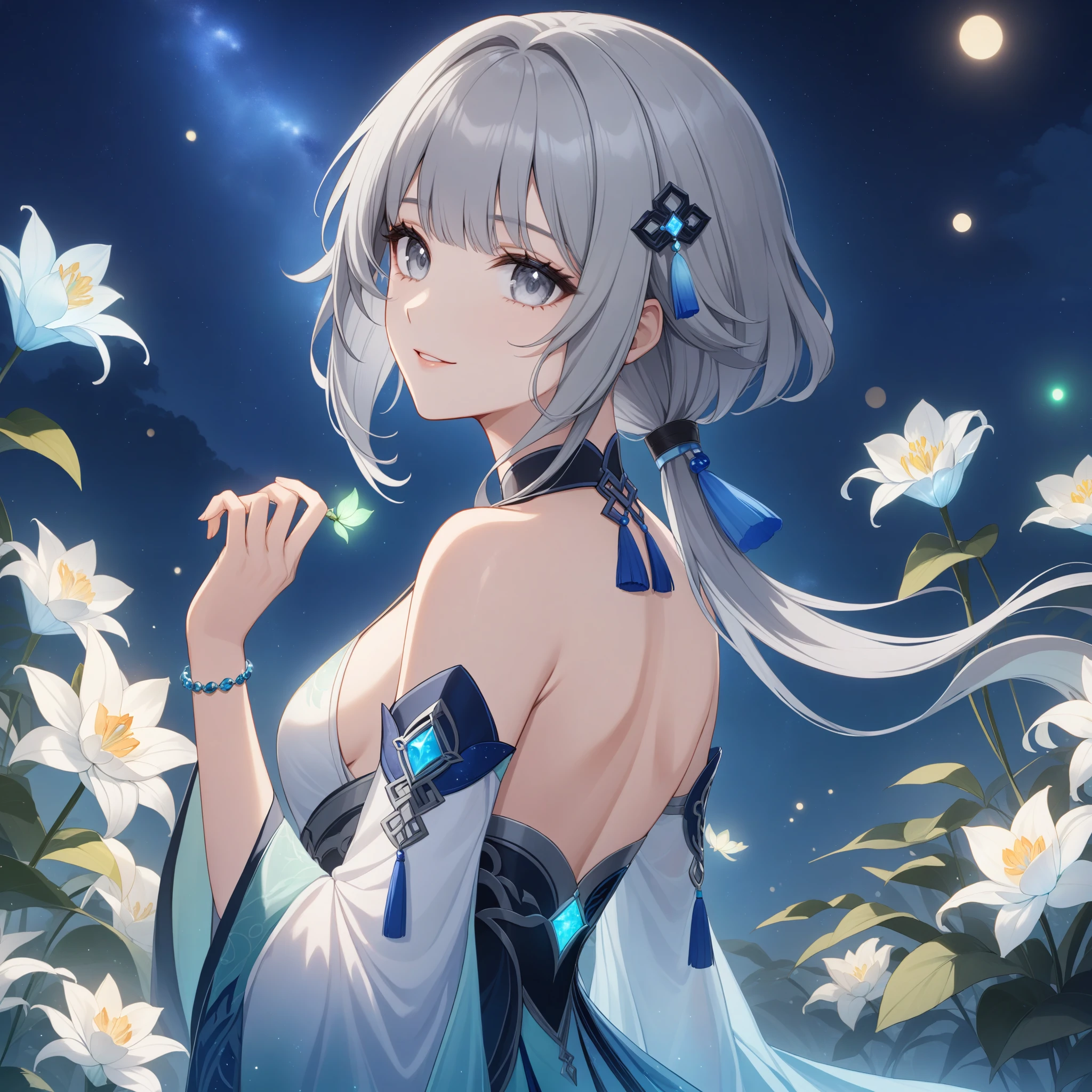 1girl, guizhong_\(genshin_impact\),(grey hair),short_hair_with_long_locks in front and low ponytail in back,(pale grey eyes with seafoam gradient),starry_sky_print,detached_sleeves white outside blue starry inside, hands completely hidden by long sleeves,stunning field of softly glowing cerulean and white glaze lilies,night scene,gentle smile,face focus, eye focus,ladyshadow,moonlight,glossy lips,vivid anime coloring,cel shading,smooth, soft dreamy focus,anklet,halter_top,white clothes,highly detailed,digital painting,bare_shoulders,barefoot,cool night tones, magical night scene,bokeh, professional,anemo colored fireflies,nebula of stardust and silvery vapor,harmonious blend of nature and art,transcendent beauty,awe-inspiring artwork,(best quality,4k,8k,highres,masterpiece:1.2),yunamaro,carnelian,dsmile,cosmic stardust