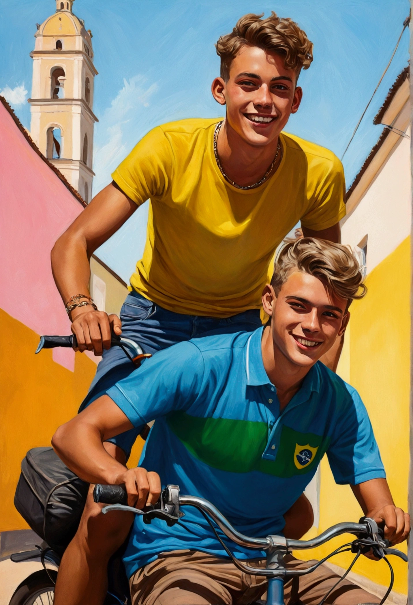 Painting of a young German gay man riding another young Brazilian man