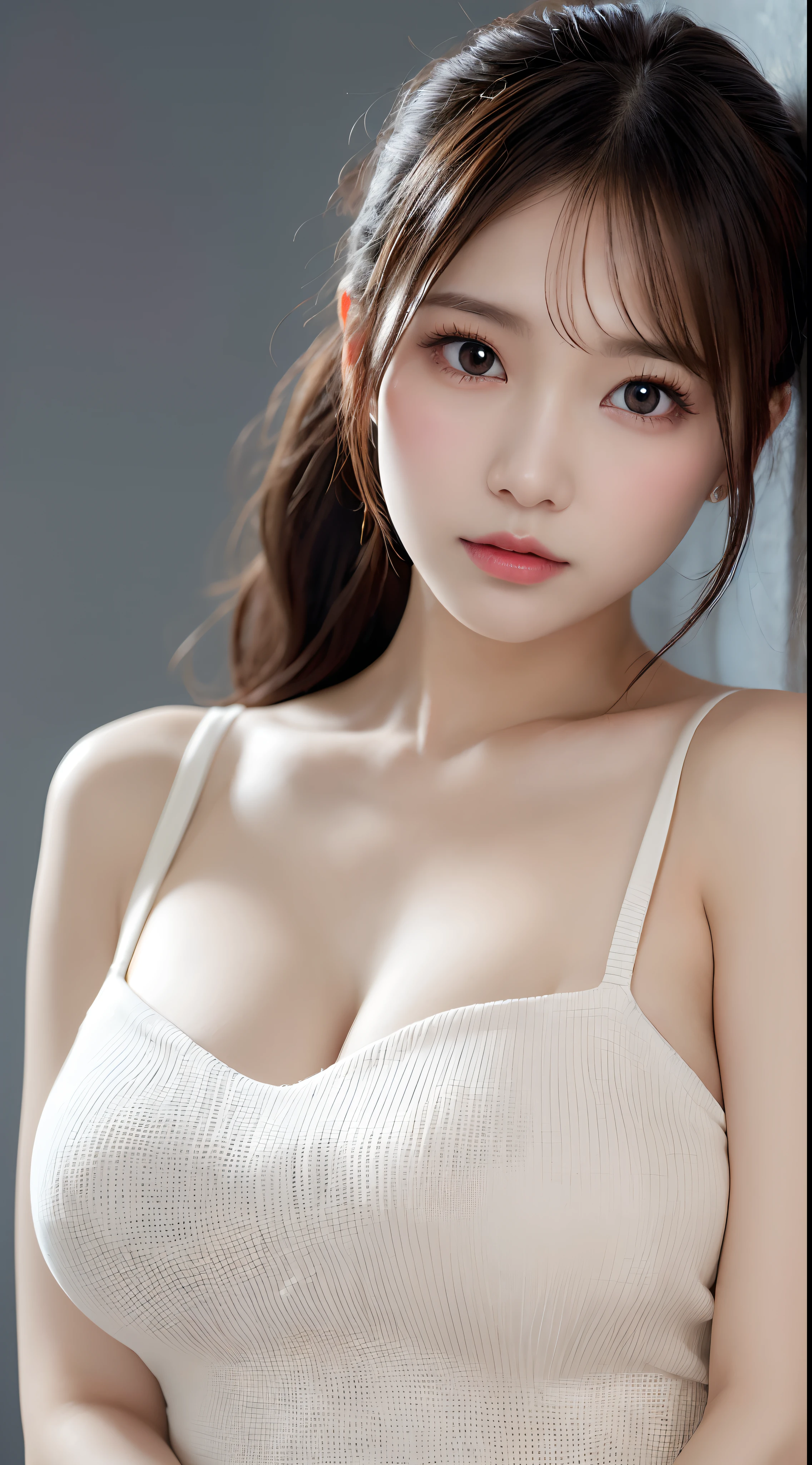 On the table, best quality, illustration, Extremely detailed, Fine details, high resolution, 8k wallpaper, Perfect dynamic composition, 美丽Delicate eyes, Natural lip shape, (Sexy knitted dress) , (((Huge breasts :1.2, and sagging breasts:1.1))), cleveage, Casual sexy poses, Full body homosexuality, Super delicate face, (((Fair skin))), Moisturizes lips, (Ponytail), Innocent big eyes, Delicate eyes, ((极其Delicate eyes))
