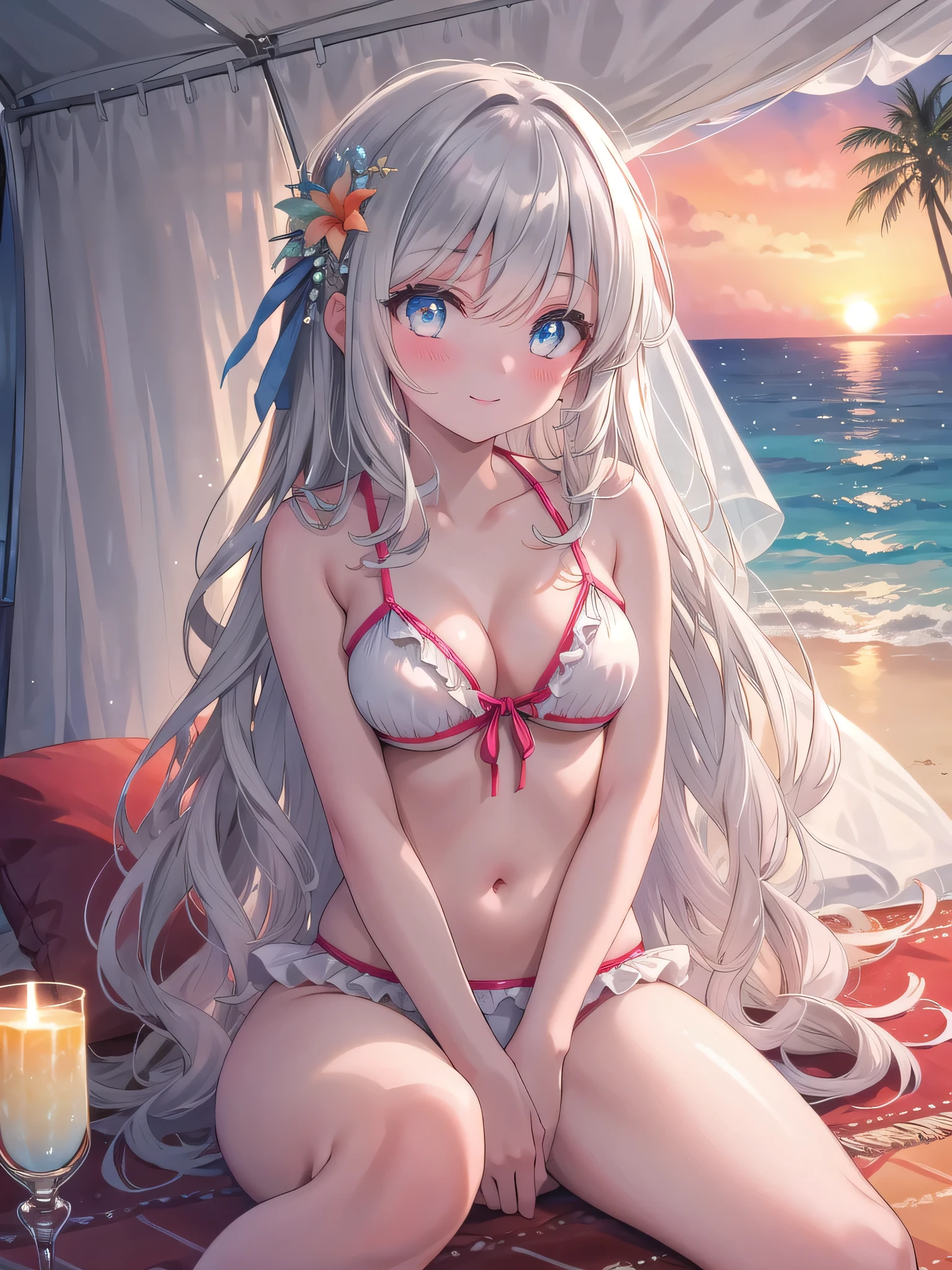 ((8K, Highest Quality, Best:1.3)), Ultra High Resolution, (1 Girl, 1 Person), (Color Changing Eyes, Super Detailed, Expressive Sparkle, Sparkling, Glowing Eyes), Highly Detailed Eyes, Highly Detailed Face, Random Hair, (Silver Gray Color)) ,(Sitting with Knees Up on rugs, spread legs),A seductive woman in a swimsuit. The background is a luxury tent on a tropical beach, with cushions and rugs in the interior that exude a resort feel. A beautiful sunset can be seen in the distance on the beach, creating a contrasting landscape with the orange sky and the deep blue sea. The woman has long silvery hair swept back and is wearing a light pink bikini. The top of the bikini is decorated with ruffles and ribbons, while the bottom is a simple design. The angle is from inside the tent, looking up from a little below, capturing her lying in the tent and relaxing on a beach cushion. She is blushing and smiling modestly, and the interior of the tent and the light of the sunset in the background give the whole thing a fantastical glow.