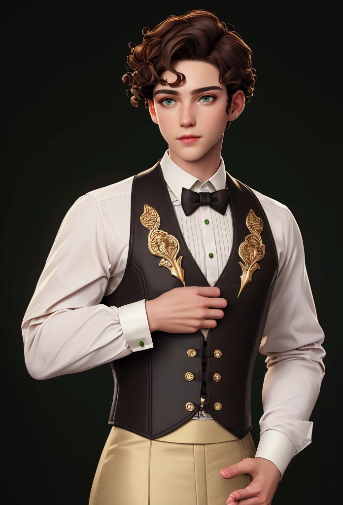 masterpiece, best quality, 1 boy, green eyes, pardo skin, brown hair, short hair, curly hair, gold earrings, jewelry, white dress shirt, long sleeve, red & black corset, simple background, solo, upper body
