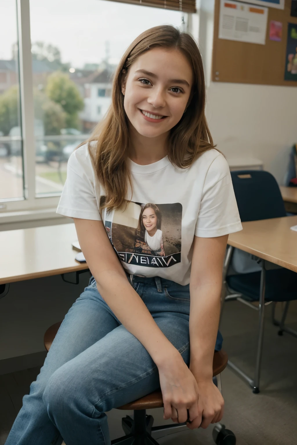 35mm, Fuji Superia 1600, ISO-3200, f/1.2, -2, 1/500, a portrait of (sks woman:1) wearing a t-shirt, jeans and keds, in a classroom, sitting on her desk chair, looking at the camera and smiling. behind her there is a big window