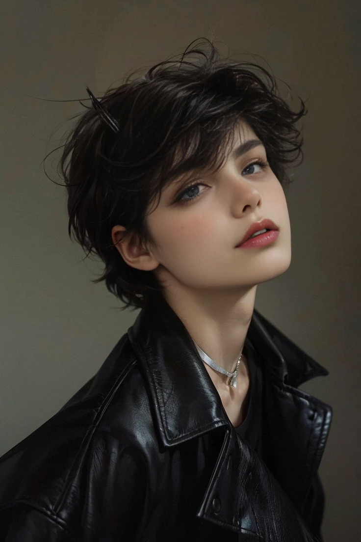 masutepiece, Best Quality, 1 boy, Short hair, Silver hair, sharpteeth, tusk,Choker,Blue eyes,Black leather shirt, blush, western building, charicature, Looking at Viewer, Dog ears are attached on the head
