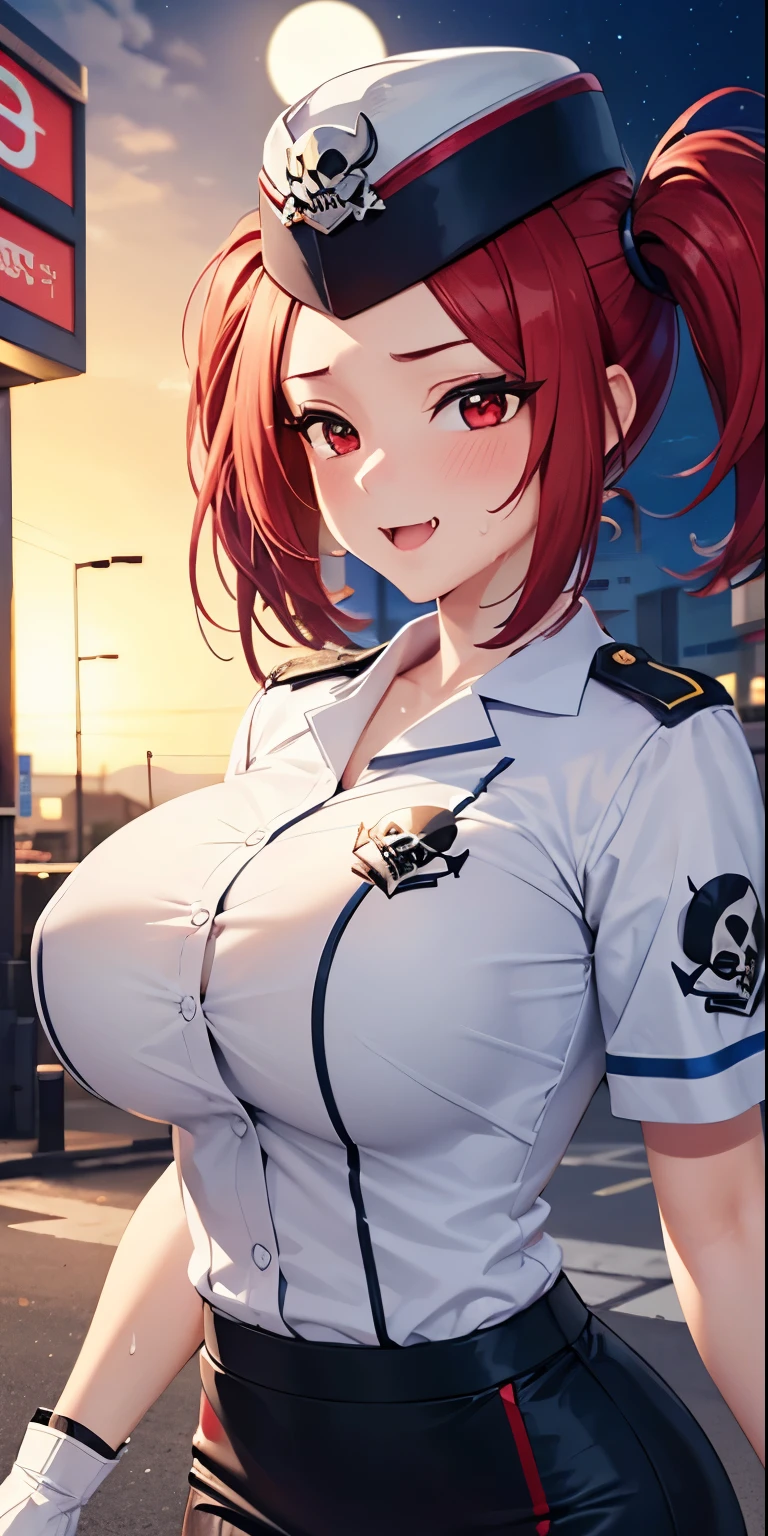 1 Female,High definition,high resolution,Ultra-realistic,8K, 8K, 1girl, solo, red hair, red eyes, twintails, employee uniform, pencil skirt, skull print, navy cap, fang, black legwear, white gloves,European,sexy,Upper body close-up,Photographed from the front,Dynamic Angles,(blush), big tits , happy, wink the eye,facial, sweat, outdoors, moonlight, night , windy,bus station background