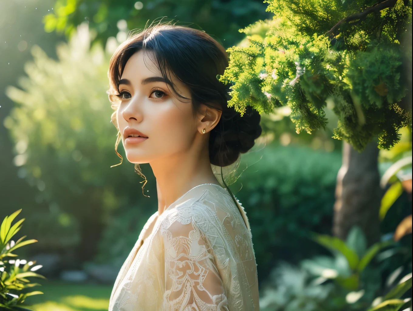 a serene and sacred garden, lush greenery, ancient stone statues, sunlight filtering through the leaves, a sense of tranquility and spiritual harmony, beautiful detailed eyes, beautiful detailed lips, extremely detailed face and portrait, long eyelashes, intricate ornate dress, dramatic pose, cinematic lighting, vibrant colors, detailed texture, (best quality,4k,8k,highres,masterpiece:1.2),ultra-detailed,(realistic,photorealistic,photo-realistic:1.37),cinematic,digital painting