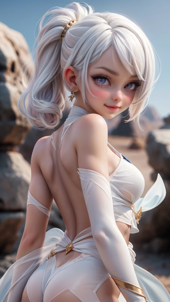 ariel, upper body portrait, white hair, beautiful, cute arabian transparent clothes, warrior, midriff, fit, white hair, rear view looking back, desert background, realistic fantasy ,concept art, sexy, excited, gorgeous face,fully body, breasts small, smooth skin, Medium pink mouth, Linda, naturals .Transparent silk on clothes, 80% of the uncovered body,Cheeky smile.,Well-defined lips.
