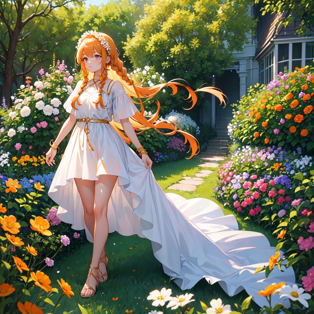 1 tall girl, long orange braided hair, silver eyes, gold wrist and neck accessories, pure white short sleeve night gown, brown sandals with straps on legs, standing in the middle of garden full of flowers, high res, ultrasharp, 8k, masterpiece