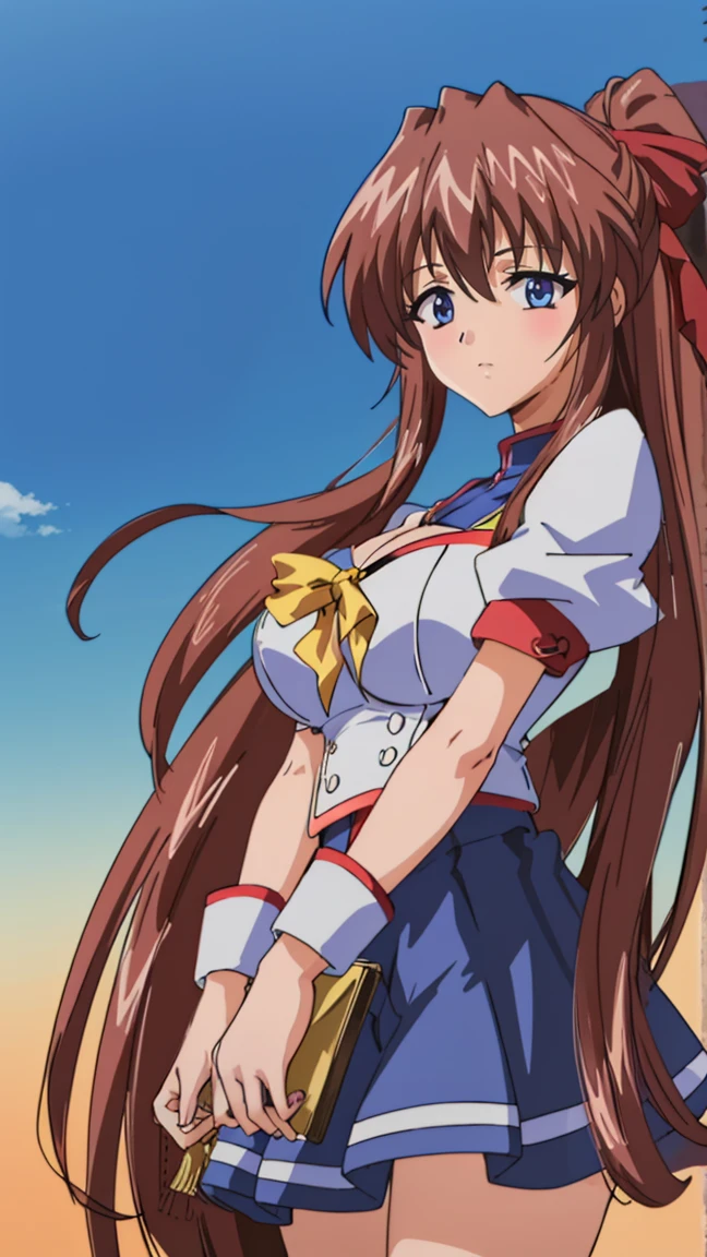 (Anime artwork, Anime Style, Studio Anime, Very detailed, Latest, Vibrant, Anime Coloring Book, High Contrast, masterpiece:1.2, Highest quality, Best aesthetics), A woman wearing a sailor suit, Pleated skirt, Big Breasts, I can see a glimpse of my thighs, Blue Hair, Straight long hair, Asymmetrical bangs, Perfect Proportions, Skin with attention to detail, cute, Detailed face, Low angle shot:1.2, (Accurate fingertips, Browse 4, Thumb 1),Cherry tree、The wind is blowing、((Cleavage、))