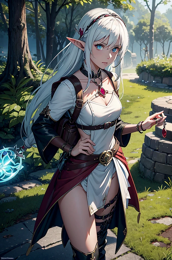 Create an realistic RPG-style image of a heterochromatic female elf with white hair and black leather armor, seen from the front, has one green and one blue eye, have a ruby amulet and ruby rings. On her back is she holds a large sickle, while on his waist are two small sickles attached together by a chain on their handles. She also appears to be carrying an adventure backpack. There is also a small magical object floating next to her which is a ruby stone surrounded by 3 gold rings, emanating a soft red glow.