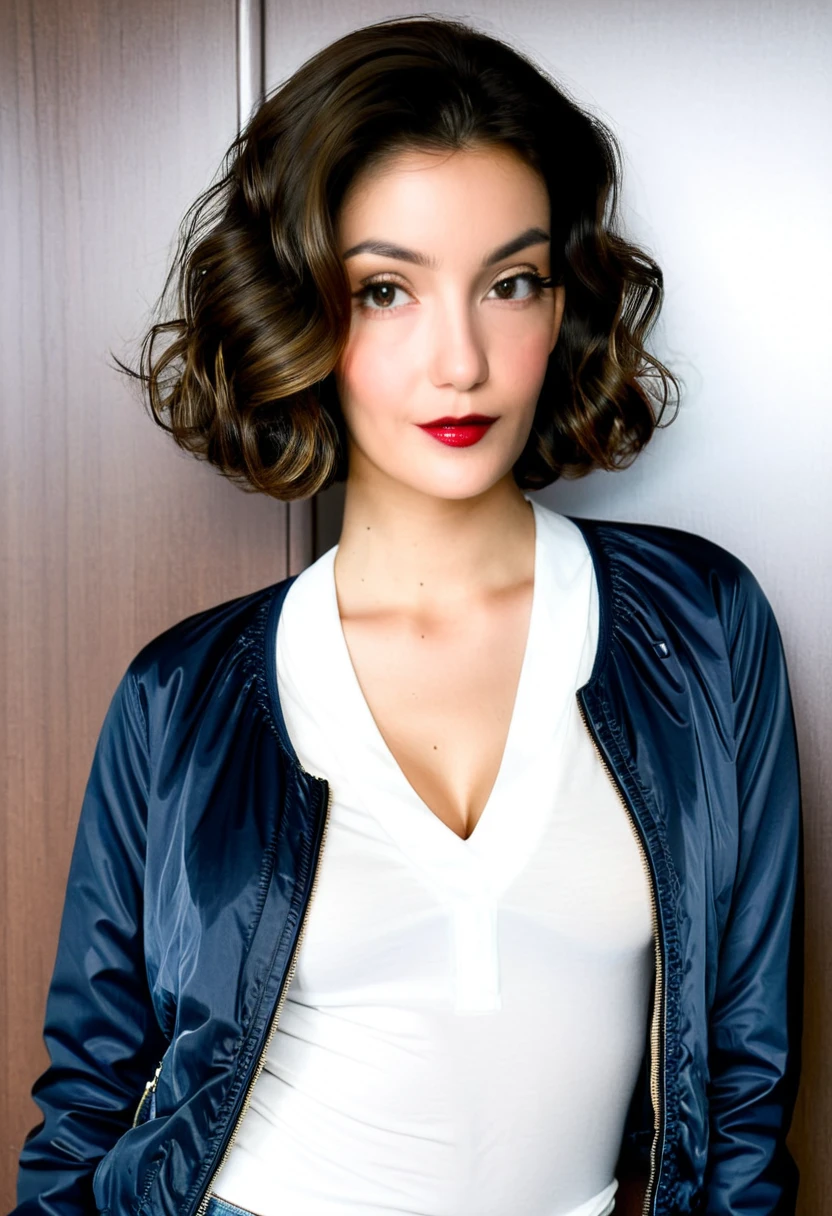 Dark wavy ear length bob hairstyle, pretty woman 28 yrs old, V-neck tight white shirt, jeans pants, eye contact, bomber jacket
