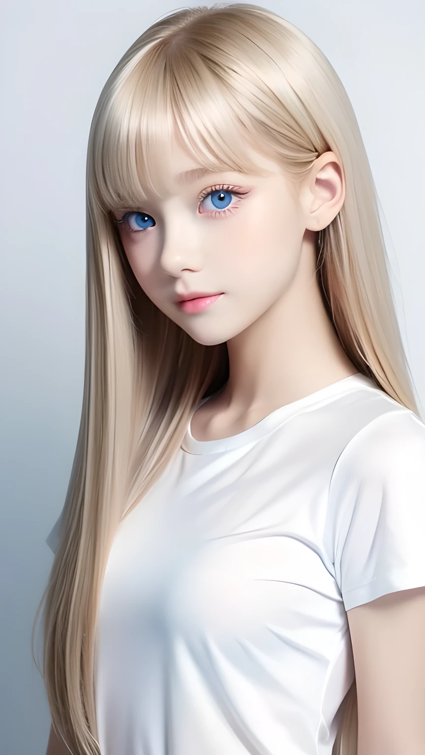 Unparalleled beauty, Firm and radiant skin, Bangs between the eyes, Beautiful shiny, straight, natural platinum blonde, Super long, straight, silky hair, eyeliner, Sexy beautiful innocent 14 years old, Beautiful, large, light blue eyes that sparkle like jewels., Beautiful and lovely girl, Baby Face, Short sleeve shirt、