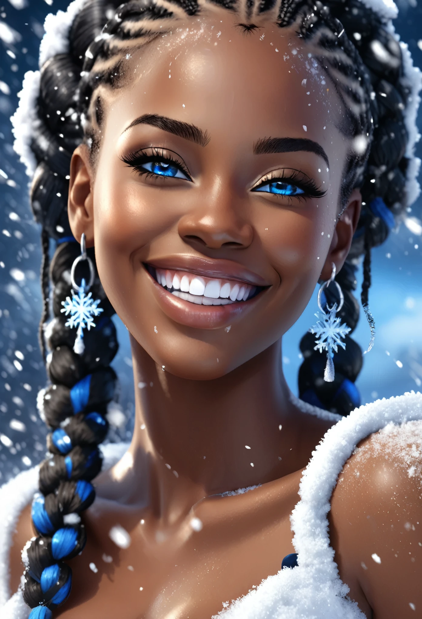 Half body shot of happy beautiful African woman with blue eyes, well made make up on, her hair braided into the word "HAPPINESS. The word "HAPPINESS" in texture of snow particles is braided into her hair. Snow falling in the scene. Glittering wet skin, 3d animated image in the style of final fantasy 7, very high detailed and clear image, 32k high definition and high resolution images, unreal engine 5 rendered. Hyper-realistic images with high detailed features providing a viewer with a clear high definition well created masterpiece of art..