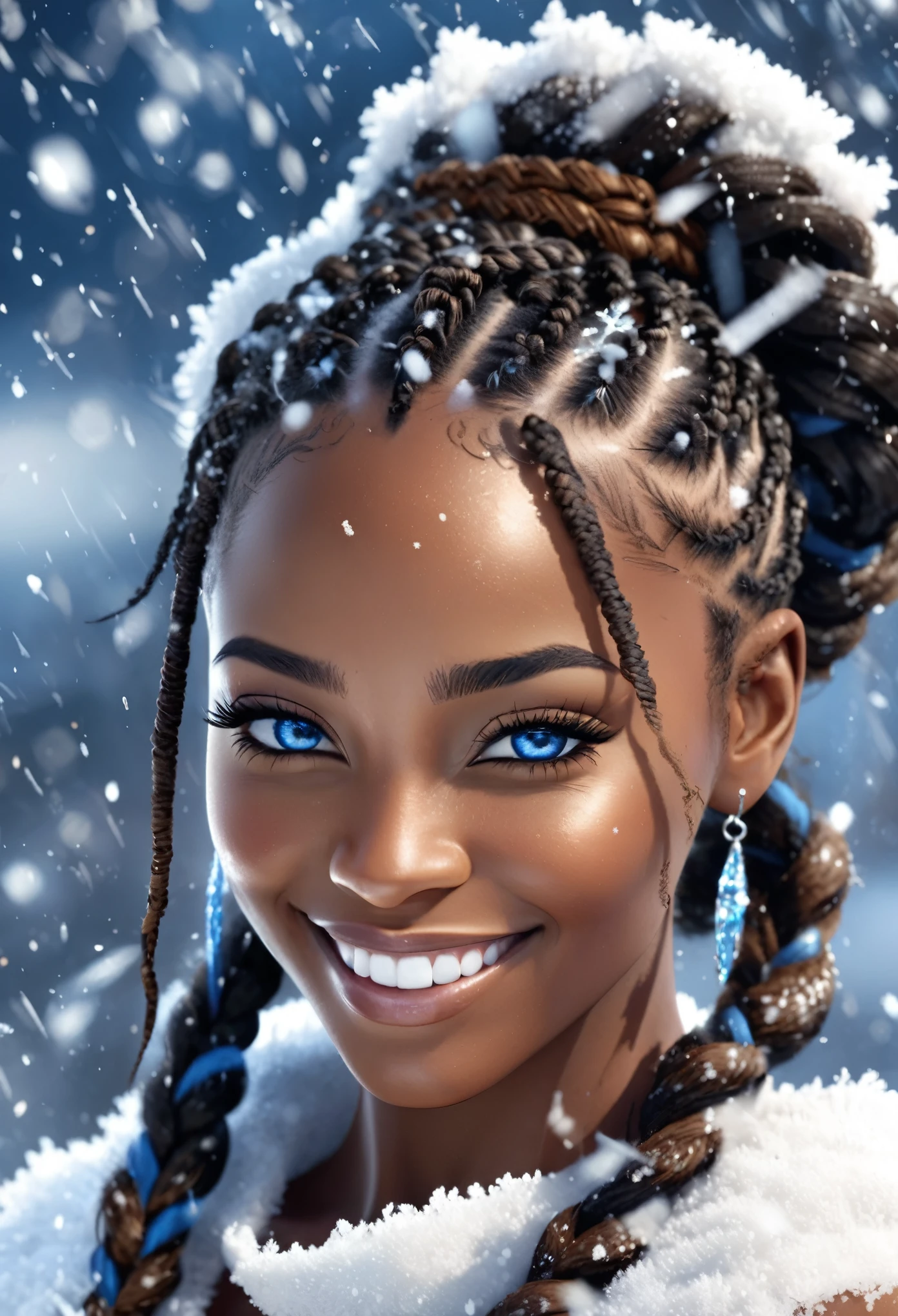 Half body shot of happy beautiful African woman with blue eyes, well made make up on, her hair braided into the word "HAPPINESS. The word "HAPPINESS" in texture of snow particles is braided into her hair. Snow falling in the scene. Glittering wet skin, 3d animated image in the style of final fantasy 7, very high detailed and clear image, 32k high definition and high resolution images, unreal engine 5 rendered. Hyper-realistic images with high detailed features providing a viewer with a clear high definition well created masterpiece of art..