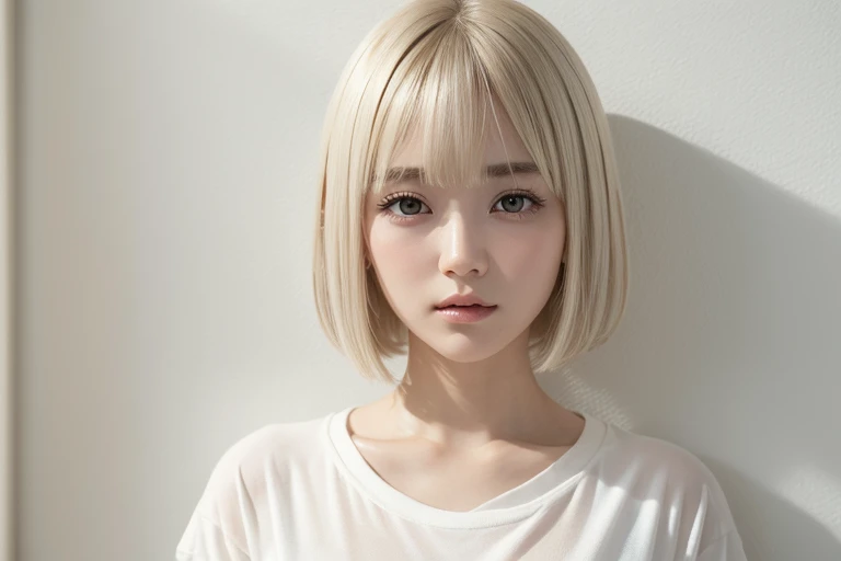 Top quality, realistic atmosphere like a photo, bright natural light shining softly into the white wall background, 1 beautiful Japanese female hair salon model in her 20s wearing a white T-shirt, airy and fluffy bob, platinum beige hair, blunt bangs, beautiful skin, clear black eyes, a slight baby face, and a slight distance between her eyes and eyebrows for an ennui look.