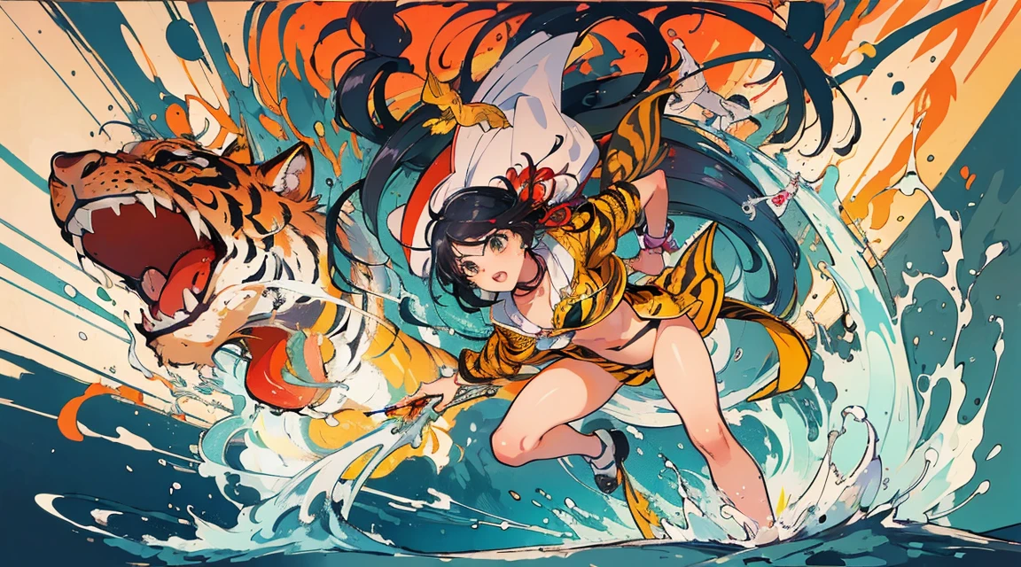 (masterpiece、Highest quality、Official Art:1.2)、Look at the viewers、{Micro Bikini}、{tiger and girl}、{Tiger painting},A flash of light runs,Colorful water levitation、(2D:1.5)