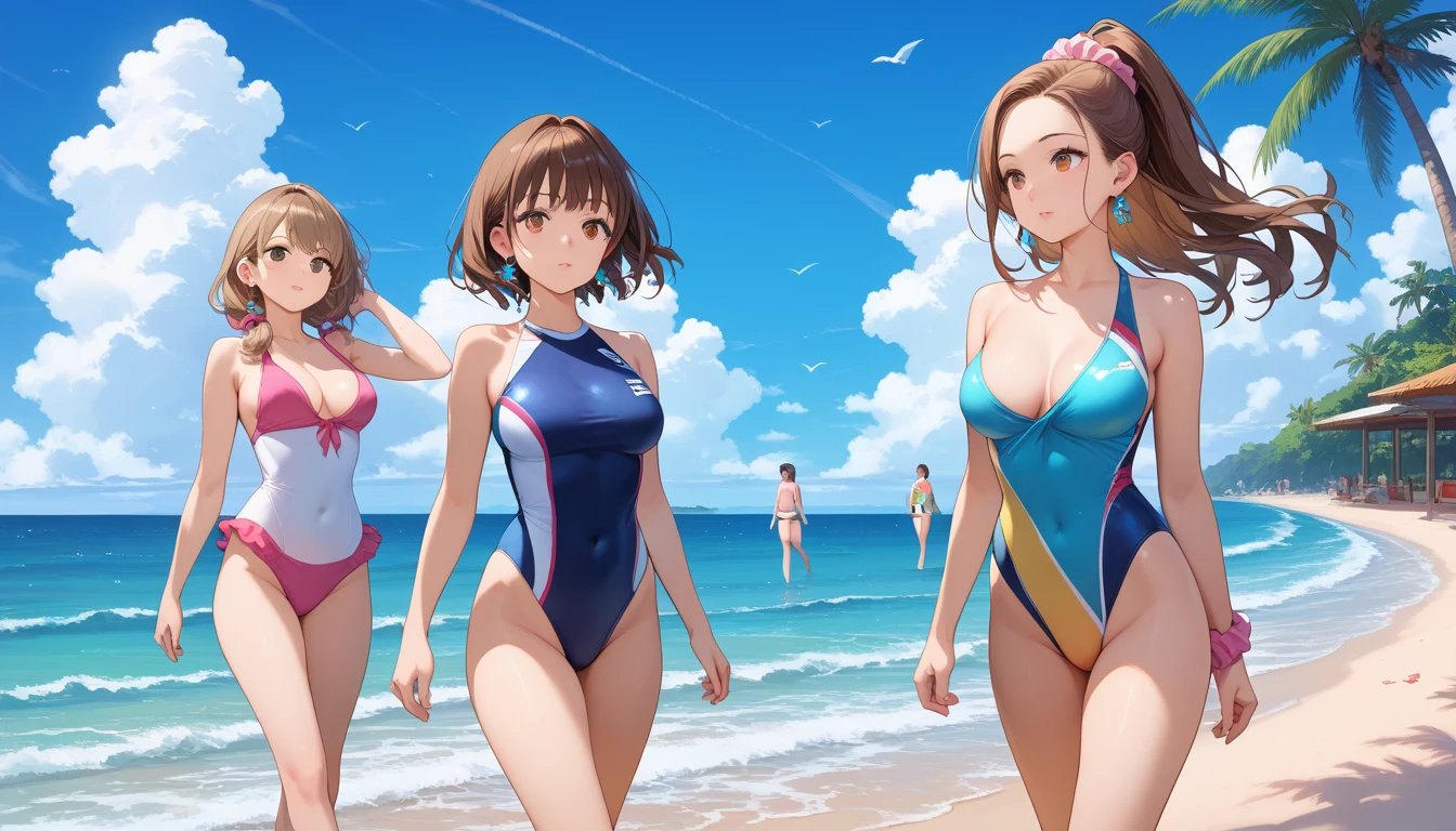 score_9, score_8_up, score_7_up, source_anime, masterpiece, best quality, very aesthetic, uncensored, 1 girl, cute face, beautiful detailed eyes, glossy lips, [round breasts, medium breasts], voluminous ponytail, pink scrunchie hair, brown hair, earrings, colorful swimsuit, walking, people, beach, sea waves, coconut tree