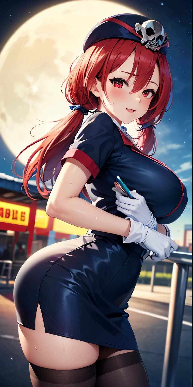 1 Female,High definition,high resolution,Ultra-realistic,8K, 8K, 1girl, solo, red hair, red eyes, twintails, employee uniform, pencil skirt, skull print, navy cap, fang, black legwear, white gloves,European,sexy,Upper body close-up,Photographed from the front,Dynamic Angles,(blush), big tits , happy, wink the eye,facial, sweat, outdoors, moonlight, night , windy,bus station background