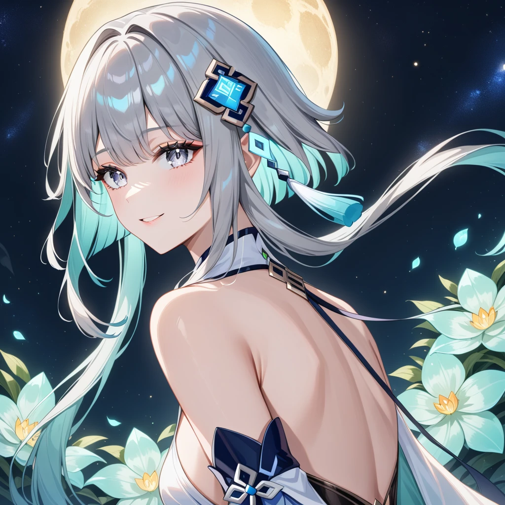 1girl, guizhong_\(genshin_impact\),(grey hair),short_hair_with_long_locks in front and low ponytail in back,(pale grey eyes with seafoam gradient),starry_sky_print,detached_sleeves white outside blue starry inside, hands completely hidden by long sleeves,stunning field of softly glowing cerulean and white glaze lilies,night scene,gentle smile,face focus, eye focus,ladyshadow,moonlight,glossy lips,vivid anime coloring,cel shading,smooth, soft dreamy focus,anklet,halter_top,white clothes,highly detailed,digital painting,bare_shoulders,barefoot,cool night tones, magical night scene,bokeh, professional,anemo colored fireflies,nebula of stardust and silvery vapor,harmonious blend of nature and art,transcendent beauty,awe-inspiring artwork,(best quality,4k,8k,highres,masterpiece:1.2),yunamaro,carnelian,dsmile,cosmic stardust