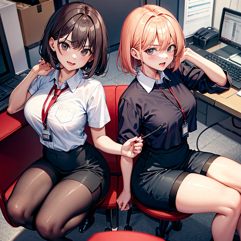 office,ID card,Bob,cover eyes,Sucking fake,open mouth,Girl sitting on a chair:1.5,rope,Tie your arms behind your head,dark,Miss,Sexual arousal,Pencil Skirt,High heel,Aheiyan(Sitting astride,Banging bare pipe with shorts), Open your legs, Leg lift, (Round Face), open mouth, Worker clothing, , In the factory, machine, ceiling, Shorts and pantyhose,
