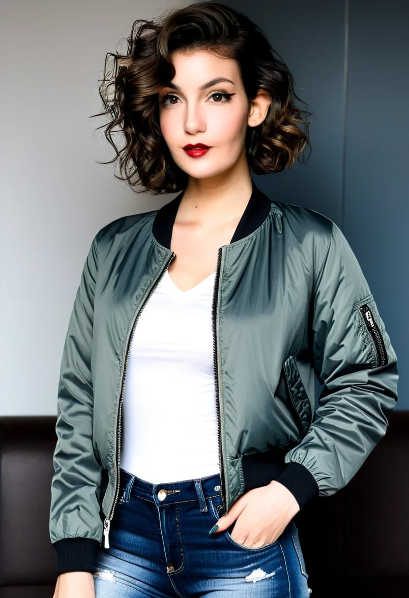 Dark wavy undercut hairstyle, pretty woman 28 yrs old, V-neck  shirt, jeans pants, eye contact, bomber jacket
