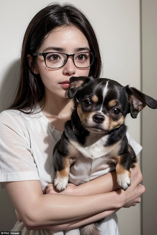 Woman with freckles, a little small, measuring 1.49, weighs 65 kilos, has glasses, dark hair and brown eyes, carrying a chihuahua with white fur. ((high quality))