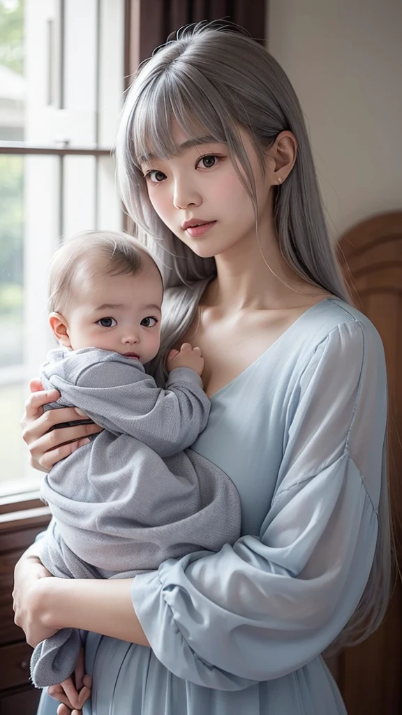 A young japanese woman with long blue-gray hair, holding a baby in your arms with tenderness and care. She wears a delicate dress and looks gently at the baby, that's nestled comfortably against your chest. The baby, Clearly visible, is dressed in a white outfit, resting peacefully in your arms. The scene captures the harmony between the two, highlighting the delicacy and affection in the moment, without any detail looking out of place or strange.