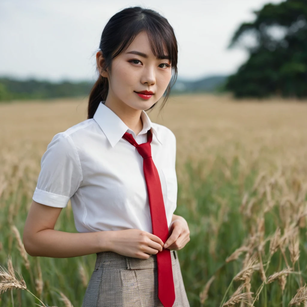There is a woman wearing a red tie standing in the field, soft Portrait 8k, A young Asian woman, Shot with Canon EOS R5, Shot with Canon EOS R 5, Shot with Canon EOS 5D Mark IV, Portrait 8k, Shot with Canon 5d mk4, Shot with Sony Alpha 9, Portrait of a Japanese Teenager