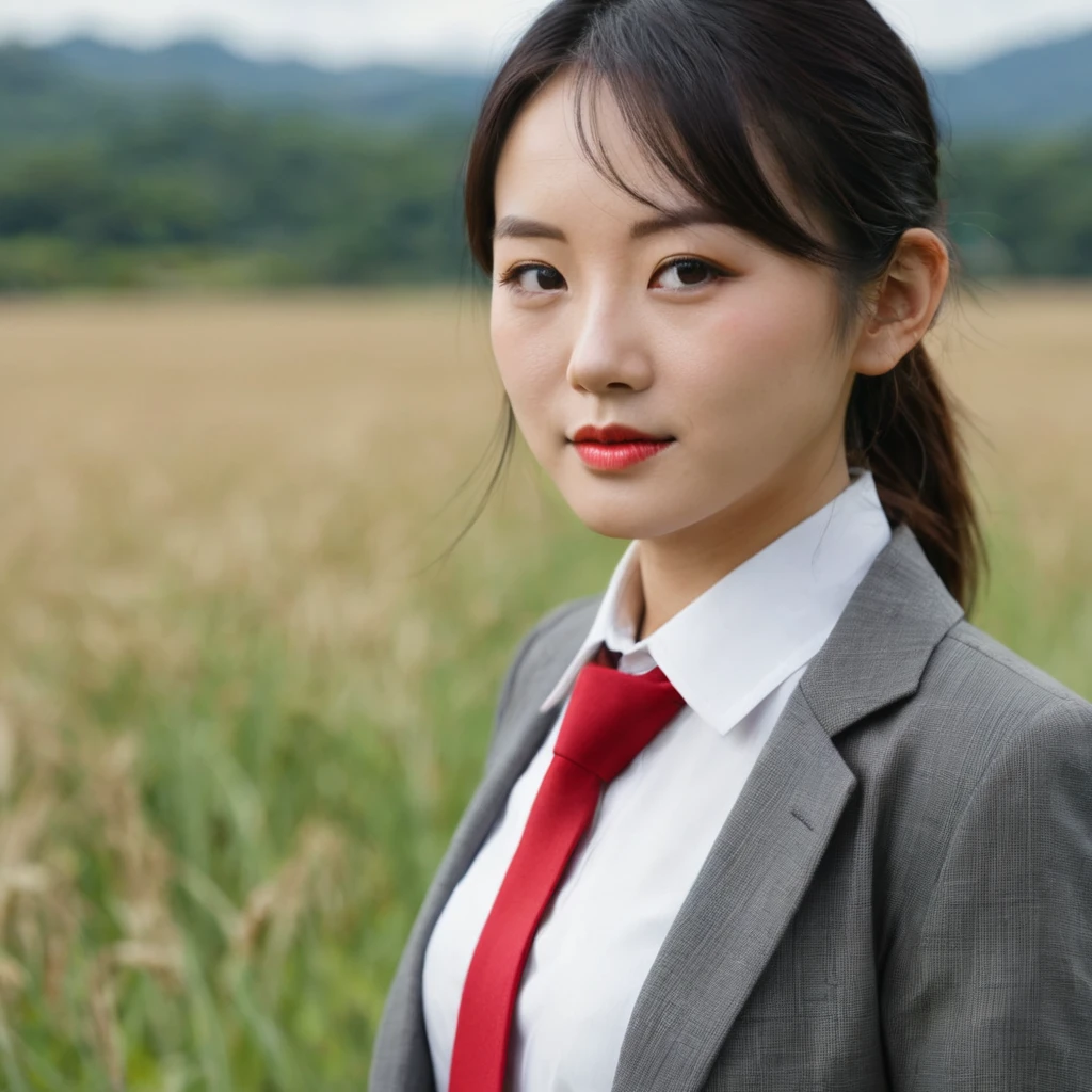 there is a woman with a red tie standing in a field, soft portrait shot 8 k, a young asian woman, shot on canon eos r5, shot on canon eos r 5, taken with canon eos 5 d mark iv, portrait shot 8 k, taken with canon 5d mk4, taken with sony alpha 9, portrait of a japanese teen