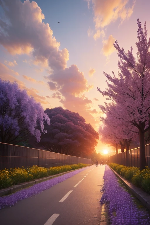 (Best Quality,8k,High resolution,masterpiece:1.2),ultra detailed,Sunset,the avenue lined with jacaranda in red bloom, the day, The beautiful yellow rapeseed flowers on the shore., The current, the breeze, The birds fly,