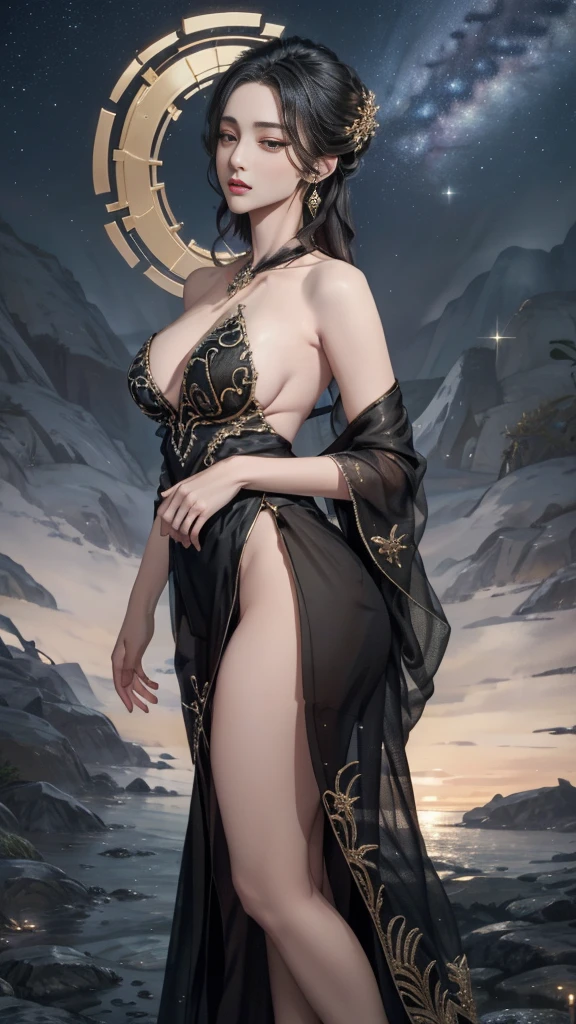 8k, masterpiece, RAW Photos, Highest quality, Realistic, Very detailed, Depth of written boundary, Cinematic Light, Anatomically correct body,
(One elegant beautiful mature woman:1.2), Wavy black long hair, Very beautiful face, Exquisitely detailed face, Goddess-like deity々Beautiful,
Glamorous Body, Very sensitive skin, Transparent white skin, Sexy ass, Sexy thighs,
See-through high slit dress, Detailed cloth texture, Gorgeous necklace, Gorgeous earrings,
Dark starry background, Milky Way Galaxy, Meteors, Dark coastline at night, Pitch black sea surface,
(Low angle shot:1.2),