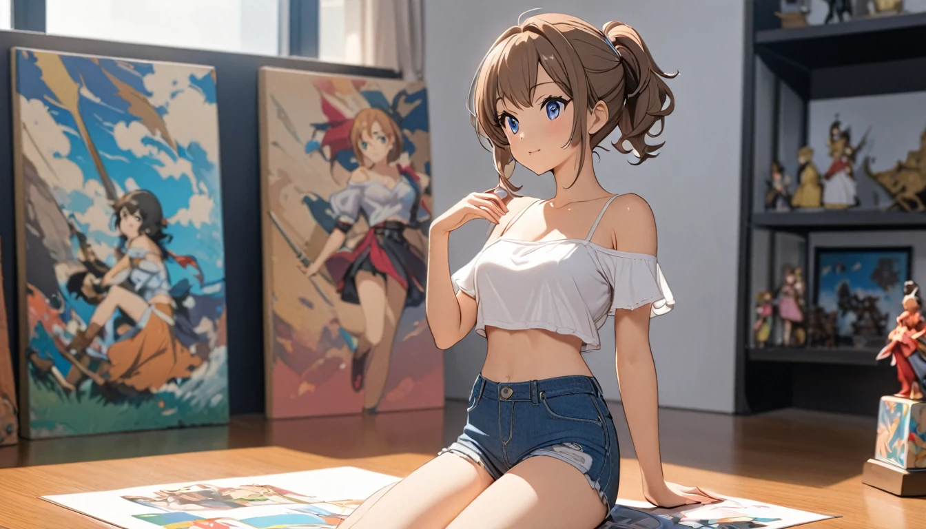 woman,Short camisole,Crop shirt,Off the shoulder,white,art, anime,figure