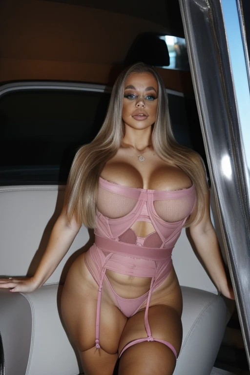 best qualityer, mature woman alone, Giant tits, giant ass, very curvy, blonde style hair, pink eyes, fleshy lips, seducer, ribbon in hair, choker, sexy fishnet bodysuit, silver hoops, thick-thighs, Curvy physique, wide hips round ass, gigantic breasts larger than the head