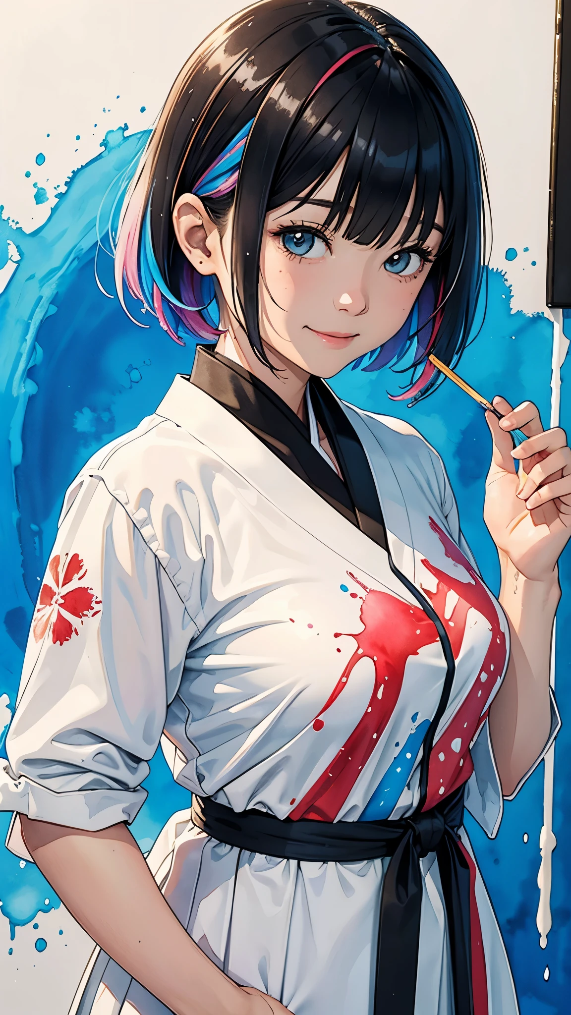 Splatter backgrounds and spray paint effects by Adam Hughes、White Japan national team jersey、Center of upper body、Multi-coloured hair、Close ~ eyes、Big happy smile、watercolor画、watercolor、watercolorスタイル、watercolorの詳細なアート、watercolorデジタル画、watercolor絵の具、非常に詳細なwatercolor画、watercolor、Japanese women、18-year-old、Bobcut、Gold medal hanging from one's neck、Dynamic pose。