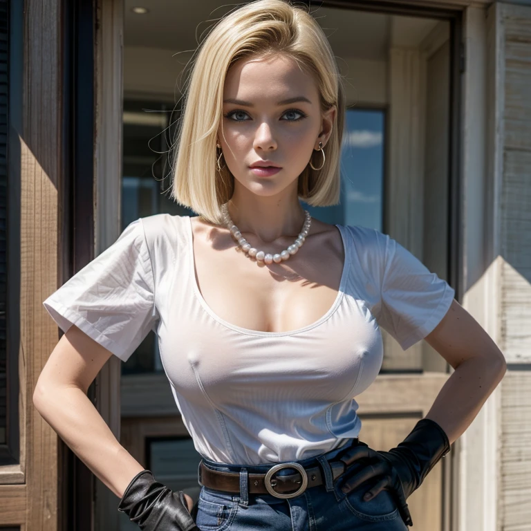 best qualtiy、Hi-Res、and18、1 girl、Android 18、solo、blonde hair、narrow, blue eyes、a belt、JINS、Pearl Necklace、A bracelet、Black Gloves、white shirt、short-hair、shortsleeves、earrings、Blue Pants、Open Best、Black vest, Colossal tits, cowboy shot, Street, Straight,Put your hands on your hips