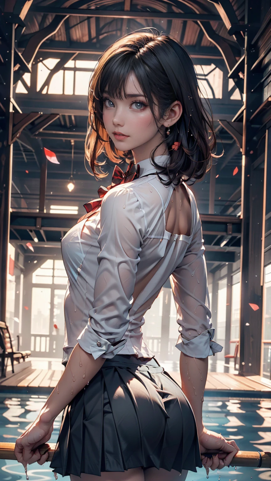 Browsing Caution,((masterpiece)),(((Highest quality))),((Very detailed)),((((Realistic)))),((Disheveled Hair)),((Frills)),(1 girl),(alone),Sex from behind, (((Ass Focus))),,lipstick,Dynamic Angle,Big Top Sleeves,floating,Beautiful detailed sky,Beautiful detailed water,Beautiful fine details,Exposure,(fist),Expressionless,Blunt Side Bangs,Hair between the eyes,ribbon,A bow tie,button,Shoulder Bare,(((Small breasts))),Detailed wet clothes,Blank face,Pleated skirt,Flowers