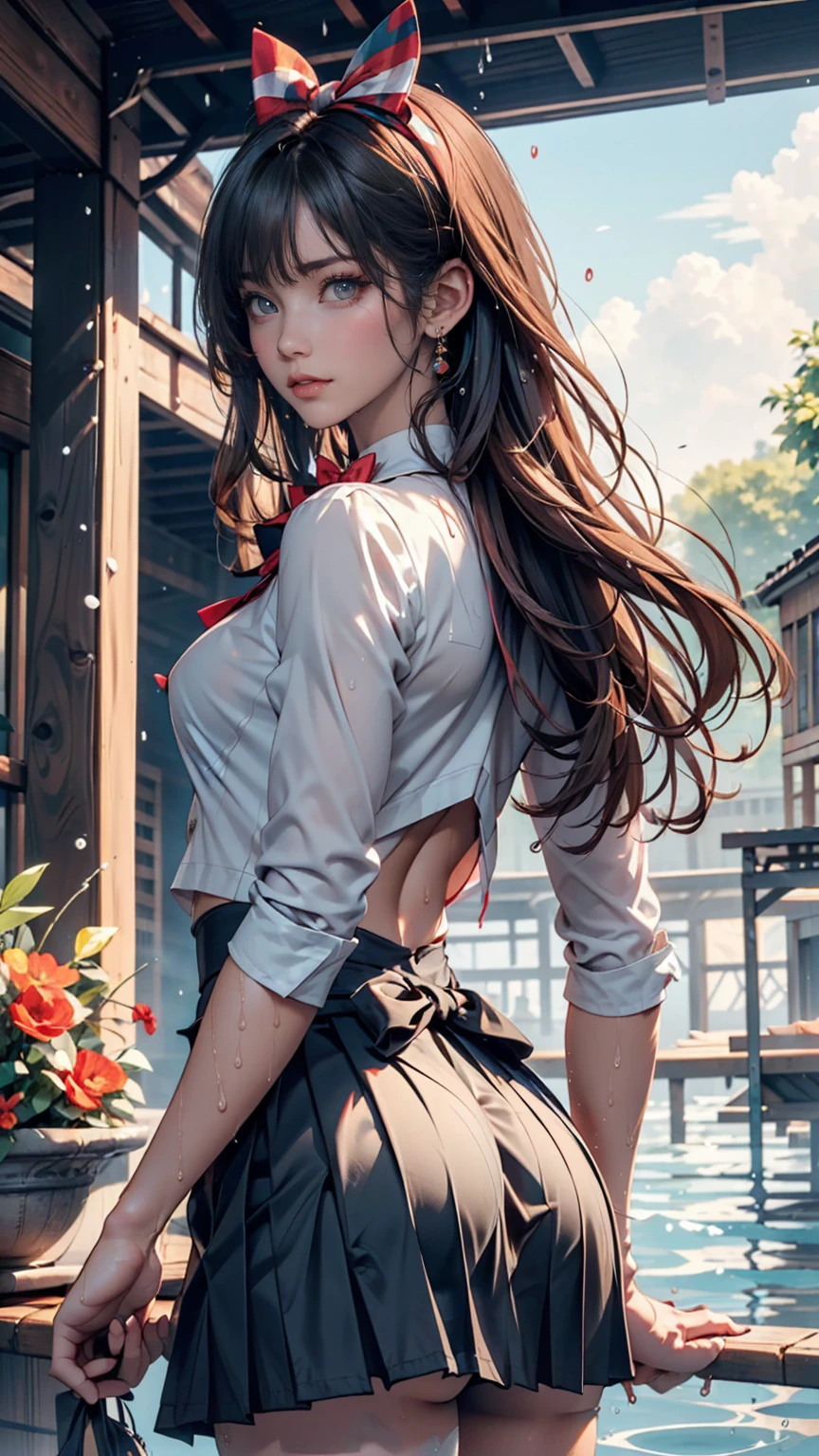 Browsing Caution,((masterpiece)),(((Highest quality))),((Very detailed)),((((Realistic)))),((Disheveled Hair)),((Frills)),(1 girl),(alone),Sex from behind, (((Ass Focus))),,lipstick,Dynamic Angle,Big Top Sleeves,floating,Beautiful detailed sky,Beautiful detailed water,Beautiful fine details,Exposure,(fist),Expressionless,Blunt Side Bangs,Hair between the eyes,ribbon,A bow tie,button,Shoulder Bare,(((Small breasts))),Detailed wet clothes,Blank face,Pleated skirt,Flowers