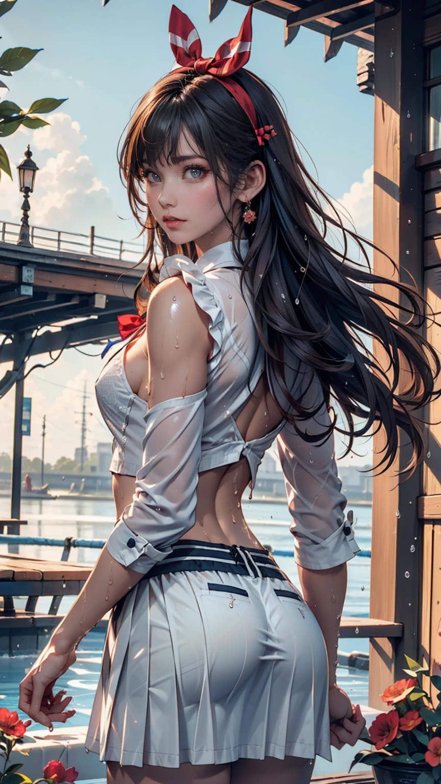Browsing Caution,((masterpiece)),(((Highest quality))),((Very detailed)),((((Realistic)))),((Disheveled Hair)),((Frills)),(1 girl),(alone),Sex from behind, (((Ass Focus))),,lipstick,Dynamic Angle,Big Top Sleeves,floating,Beautiful detailed sky,Beautiful detailed water,Beautiful fine details,Exposure,(fist),Expressionless,Blunt Side Bangs,Hair between the eyes,ribbon,A bow tie,button,Shoulder Bare,(((Small breasts))),Detailed wet clothes,Blank face,Pleated skirt,Flowers